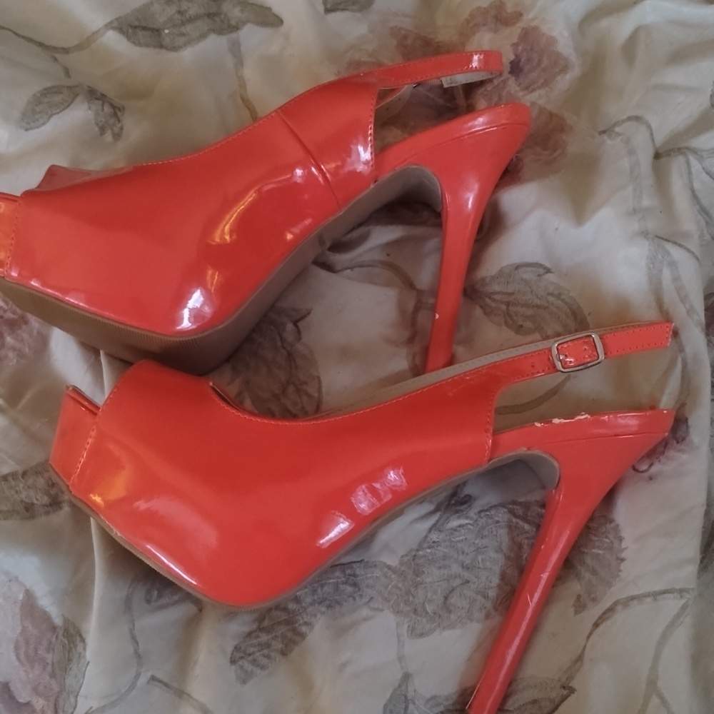 Sexy Deb Orange Patent Leather Peep-Toe Slingback Stripper Heels, Sz 11! 🍁 - Picture 5 of 7